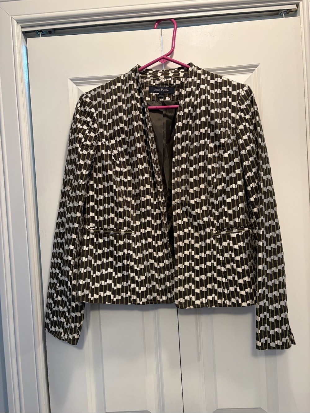 Evan Picone hunter green & White Geometric Open-Front Jacket